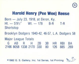 1982 G.S. Gallery All-Time Greats #11 Pee Wee Reese Back