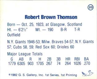 1982 G.S. Gallery All-Time Greats #20 Bobby Thomson Back