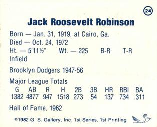 1982 G.S. Gallery All-Time Greats #24 Jackie Robinson Back