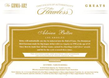 2019 Panini Flawless - Greats Dual Memorabilia Autographs Gold #GDMA-AB2 Adrian Beltre Back