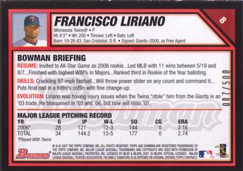 2007 Bowman - Blue #8 Francisco Liriano Back