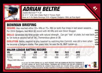 2007 Bowman - Blue #41 Adrian Beltre Back