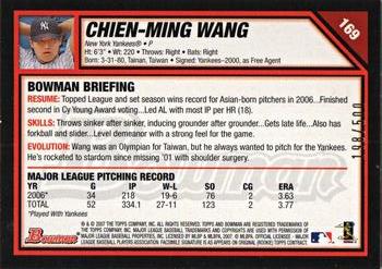 2007 Bowman - Blue #169 Chien-Ming Wang Back