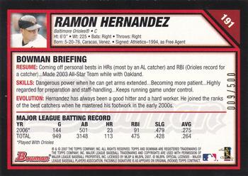 2007 Bowman - Blue #191 Ramon Hernandez Back