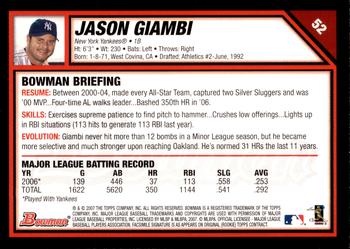2007 Bowman - Gold #52 Jason Giambi Back