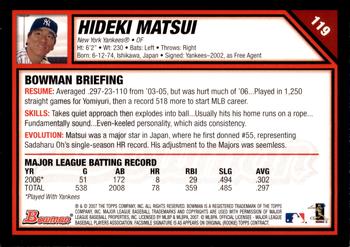 2007 Bowman - Gold #119 Hideki Matsui Back