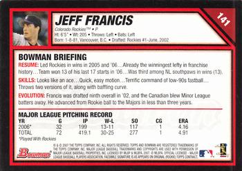 2007 Bowman - Gold #141 Jeff Francis Back