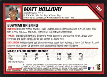 2007 Bowman - Gold #189 Matt Holliday Back