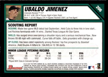 2007 Bowman - Gold #206 Ubaldo Jimenez Back