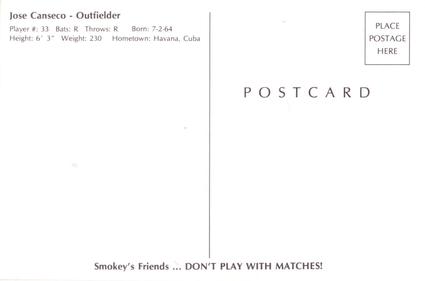 1987 Oakland Athletics Smokey Bear Color-Grams Postcards #NNO Jose Canseco Back
