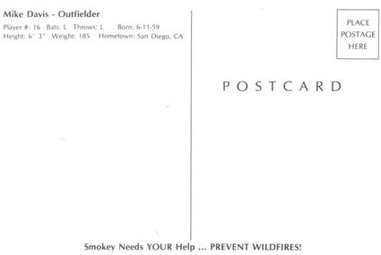 1987 Oakland Athletics Smokey Bear Color-Grams Postcards #NNO Mike Davis Back