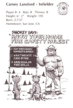 1987 Oakland Athletics Smokey Bear Color-Grams Postcards - Photo Card #NNO Carney Lansford Back