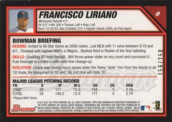 2007 Bowman - Orange #8 Francisco Liriano Back