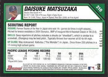 2007 Bowman - Orange #210 Daisuke Matsuzaka Back
