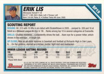 2007 Bowman - Prospects #BP19 Erik Lis Back