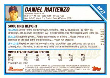 2007 Bowman - Prospects Blue #BP27 Daniel Matienzo Back