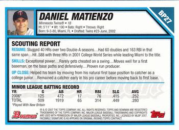 2007 Bowman - Prospects Gold #BP27 Daniel Matienzo Back