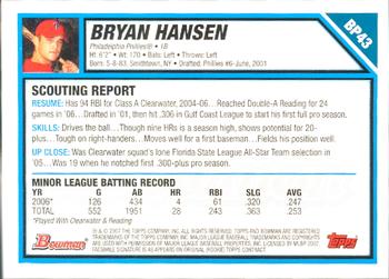2007 Bowman - Prospects Gold #BP43 Bryan Hansen Back