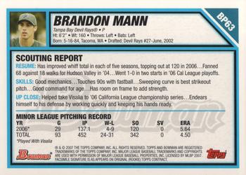 2007 Bowman - Prospects Gold #BP63 Brandon Mann Back