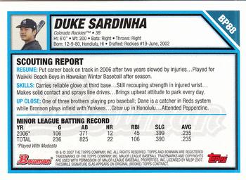 2007 Bowman - Prospects Gold #BP88 Duke Sardinha Back