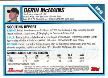 2007 Bowman - Prospects Gold #BP98 Derin McMains Back