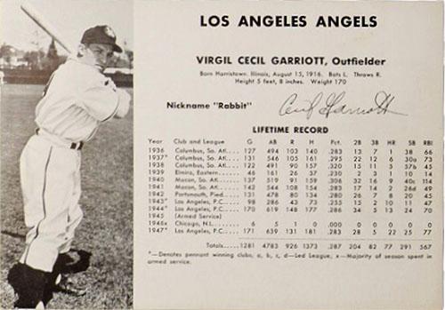 1948 Los Angeles Angels (W725) #NNO Virgil Cecil Garriott Front