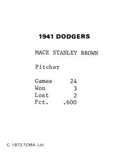 1973 TCMA 1941 Brooklyn Dodgers #NNO Mace Brown Back