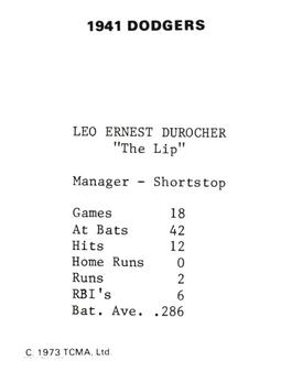 1973 TCMA 1941 Brooklyn Dodgers #NNO Leo Durocher Back