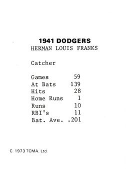 1973 TCMA 1941 Brooklyn Dodgers #NNO Herman Franks Back