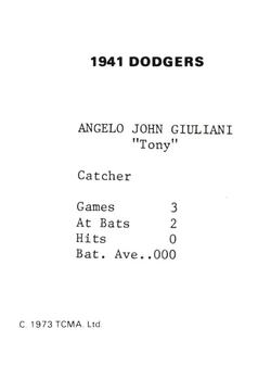 1973 TCMA 1941 Brooklyn Dodgers #NNO Tony Giuliani Back