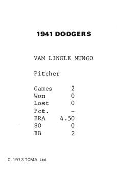 1973 TCMA 1941 Brooklyn Dodgers #NNO Van Mungo Back