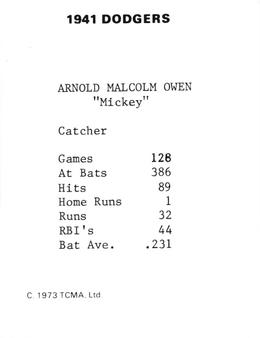 1973 TCMA 1941 Brooklyn Dodgers #NNO Mickey Owen Back