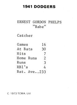 1973 TCMA 1941 Brooklyn Dodgers #NNO Babe Phelps Back