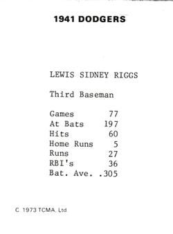 1973 TCMA 1941 Brooklyn Dodgers #NNO Lew Riggs Back