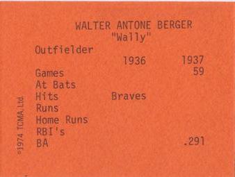 1974 TCMA 1936-37 New York Giants #NNO Wally Berger Back