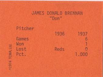 1974 TCMA 1936-37 New York Giants #NNO Don Brennan Back