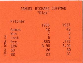 1974 TCMA 1936-37 New York Giants #NNO Dick Coffman Back