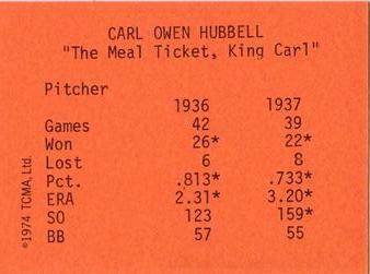 1974 TCMA 1936-37 New York Giants #NNO Carl Hubbell Back