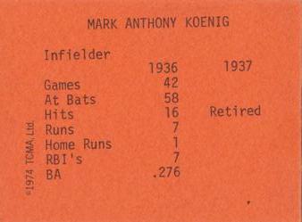 1974 TCMA 1936-37 New York Giants #NNO Mark Koenig Back