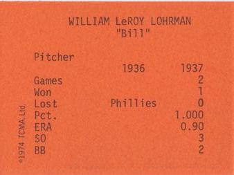 1974 TCMA 1936-37 New York Giants #NNO Bill Lohrman Back