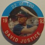 1992 JKA Baseball Buttons #22 David Justice Front