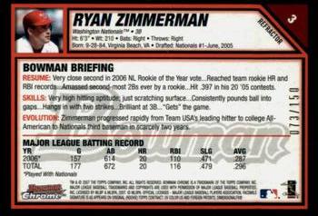 2007 Bowman Chrome - Blue Refractors #3 Ryan Zimmerman Back