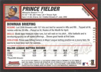 2007 Bowman Chrome - Blue Refractors #9 Prince Fielder Back