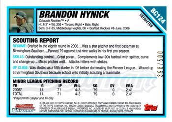 2007 Bowman Chrome - Prospects Refractors #BC124 Brandon Hynick Back