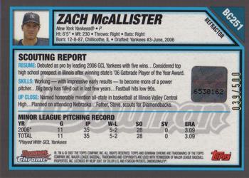 2007 Bowman Chrome - Prospects Refractors #BC251 Zach McAllister Back