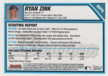 2007 Bowman Draft Picks & Prospects - Chrome Prospects #BDPP9 Ryan Zink Back