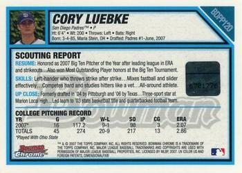 2007 Bowman Draft Picks & Prospects - Chrome Prospects #BDPP120 Cory Luebke Back
