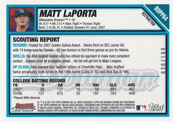 2007 Bowman Draft Picks & Prospects - Chrome Prospects Blue Refractors #BDPP64 Matt LaPorta Back