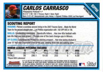 2007 Bowman Draft Picks & Prospects - Chrome Prospects Refractors #BDPP68 Carlos Carrasco Back