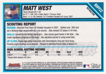 2007 Bowman Draft Picks & Prospects - Chrome Prospects Refractors #BDPP22 Matt West Back